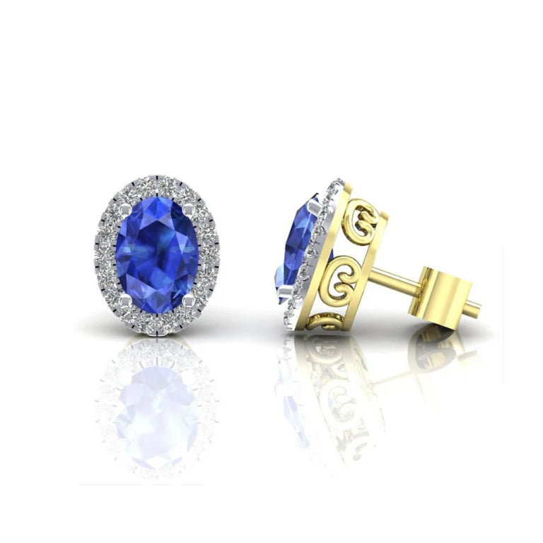 9ct Yellow Gold Sapphire Cluster Stud Earrings Oval Studs Hallmarked
