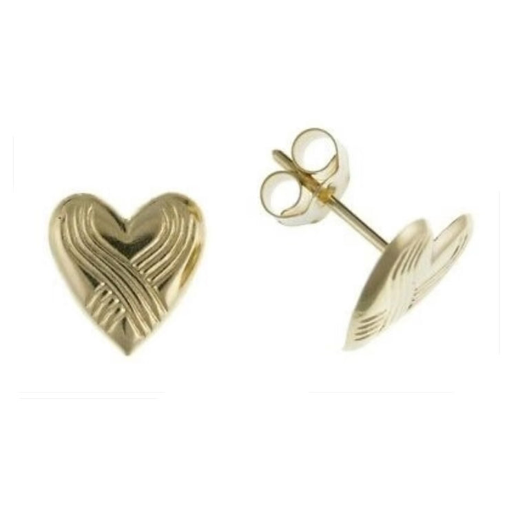 9ct Patterned Heart Stud Earrings Yellow Gold Studs British Made