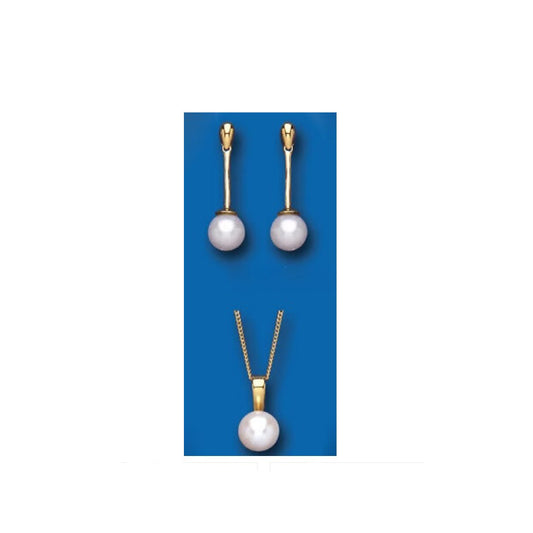 Pearl Set Yellow Gold Classic Pendant and Drop Earrings Hallmarked British Made