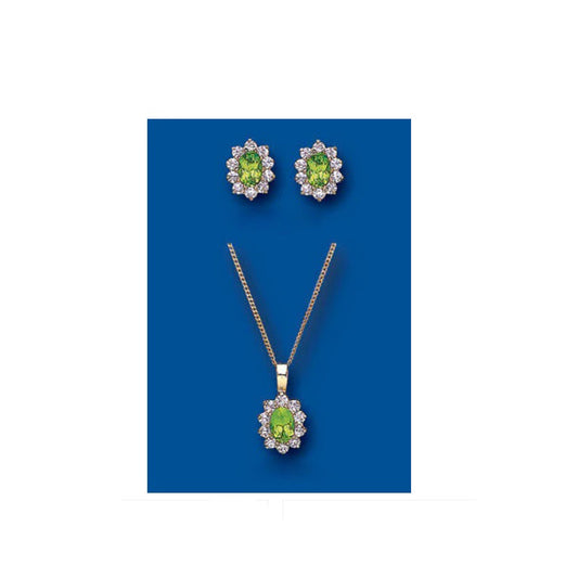 Gold Peridot Pendant and Earrings Set Solid Yellow Gold Hallmarked
