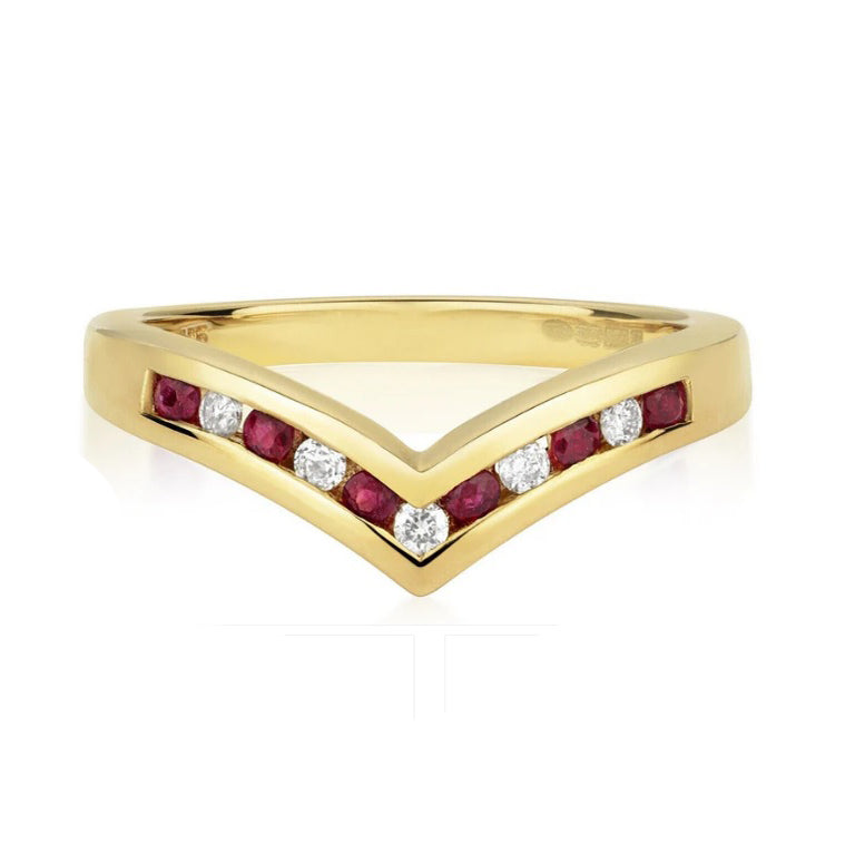 Real Ruby and Diamond Wishbone Ring Solid Yellow Gold Eternity Band Size J - Q