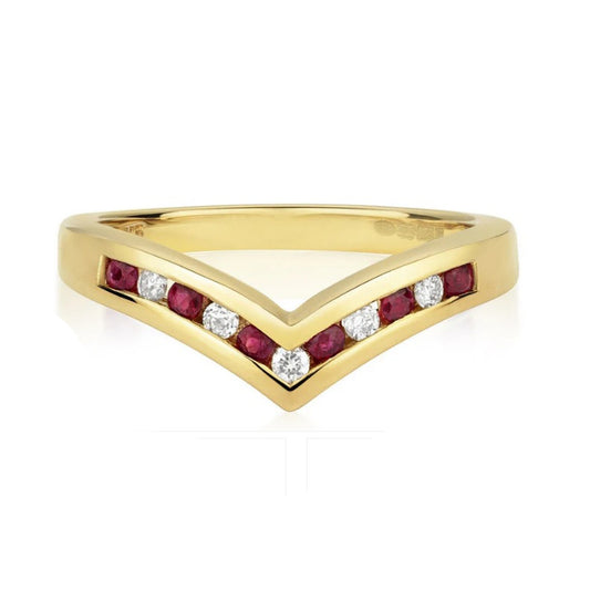 Real Ruby and Diamond Wishbone Ring Solid Yellow Gold Eternity Band Size J - Q