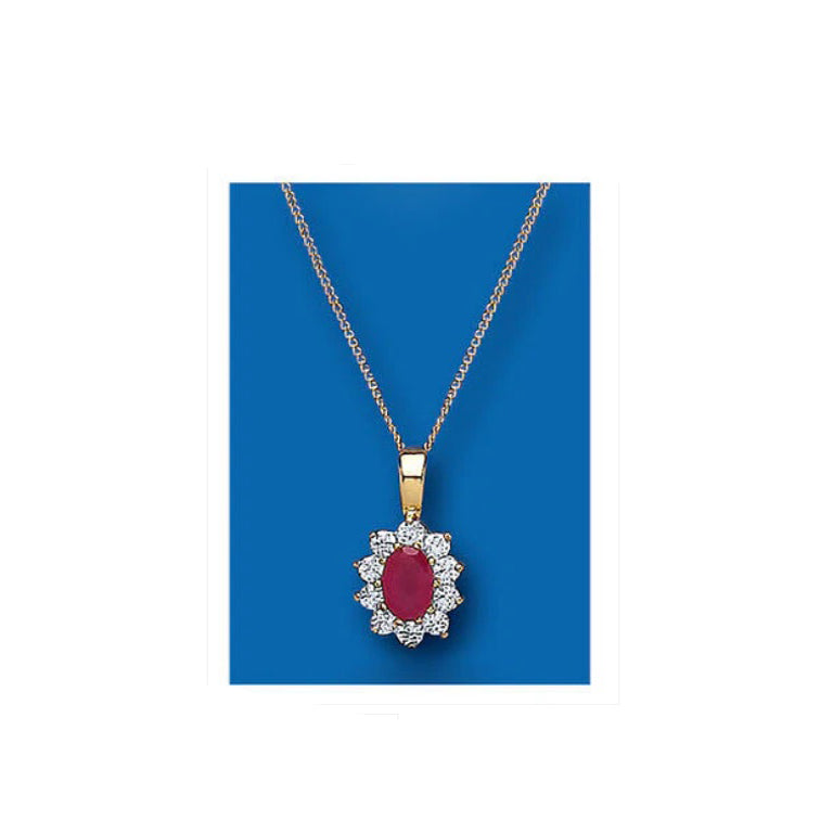 Yellow Gold Ruby Pendant Cluster Necklace Hallmarked 18" Chain British Made
