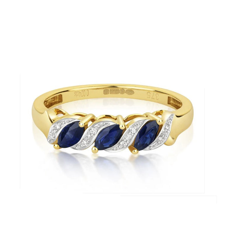 Real Sapphire and Diamond Ring Solid Yellow Gold Marquise Three Stone Size J-Q