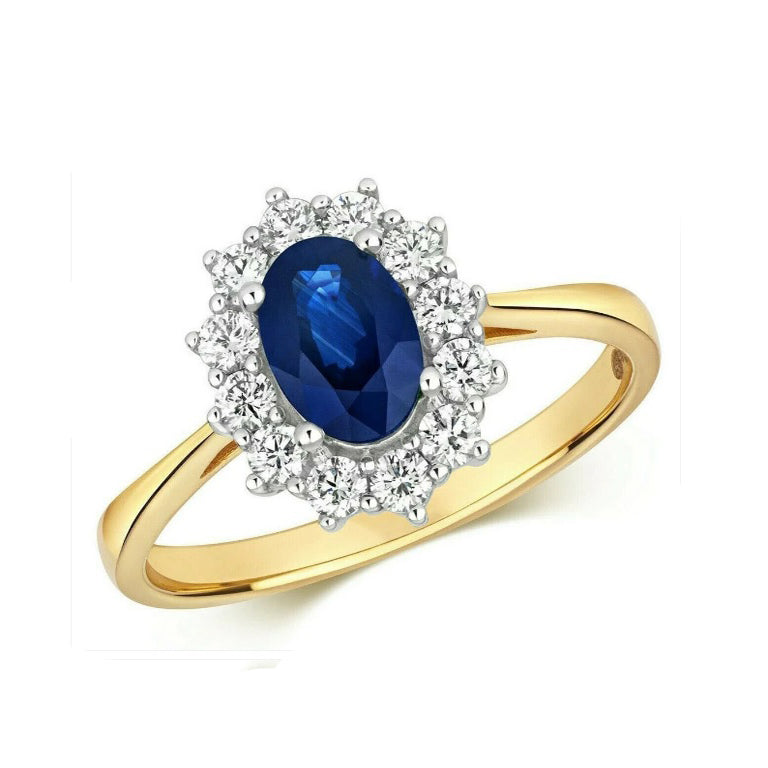 Real Sapphire and Diamond Ring 18ct Yellow Gold Oval Cluster Size J - Q