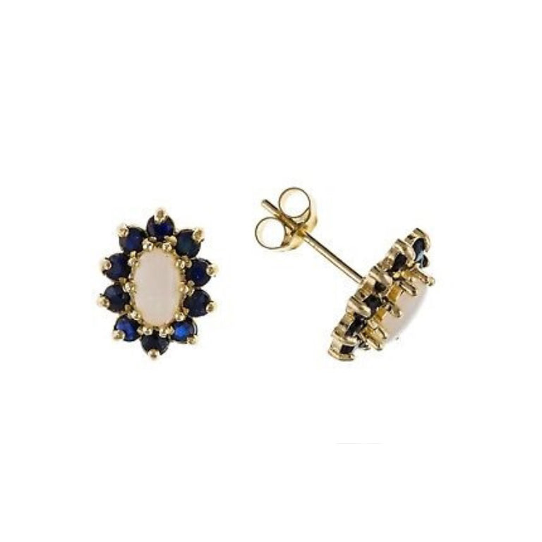 9ct Gold Sapphire and Opal Stud Earrings Solid Yellow Gold Hallmarked Studs