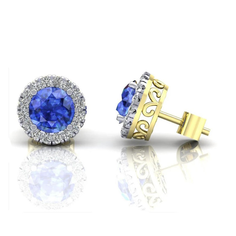 9ct Yellow Gold Sapphire Cluster Stud Earrings 8mm Round Studs Hallmarked