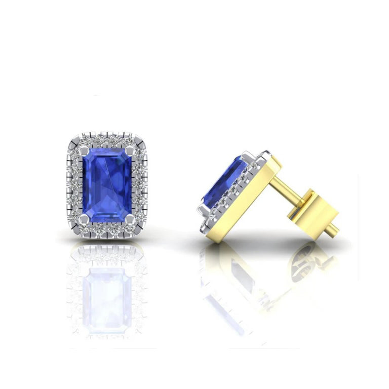 9ct Yellow Gold Sapphire Cluster Stud Earrings Emerald Cut Studs Hallmarked