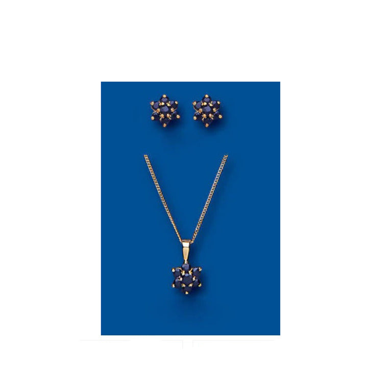 Gold Sapphire Pendant Earrings Set Cluster Solid Yellow Gold Hallmarked