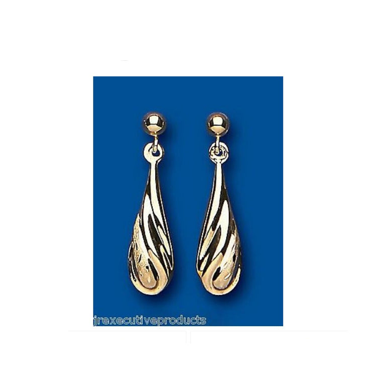 Yellow Gold Satin Bomber Drop Earrings Hallmarked Drops Dangly