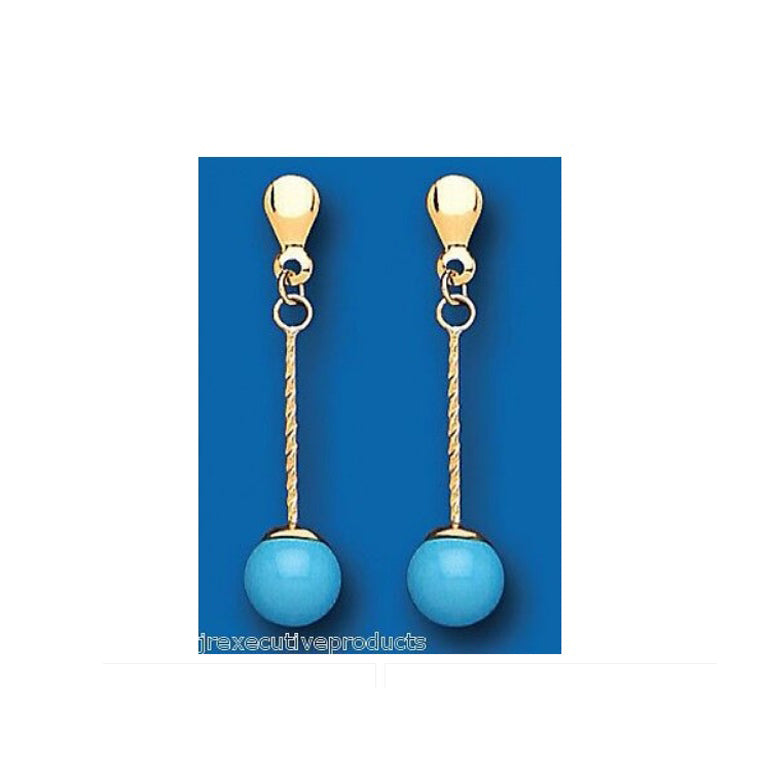9ct Yellow Gold Turquoise Drop Earrings Stick Drops Hallmark December Birthstone