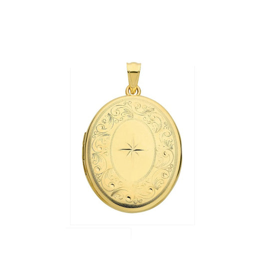 Yellow Gold Oval Locket Solid 9 Carat Hallmarked Patterned Border British Made
