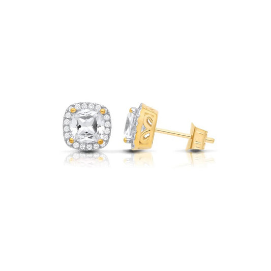 Zircon Cushion Cluster Stud Earrings Solid 9ct Yellow Gold Hallmarked