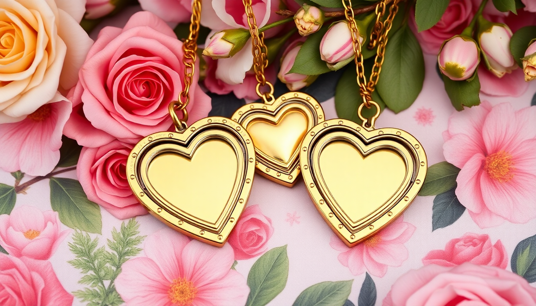 gold heart lockets on a floral background
