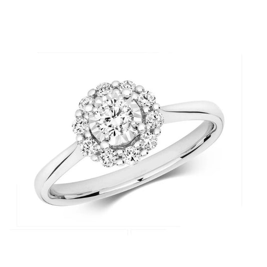 Real Diamond Ring 9ct White Gold Solitaire Cluster 0.45 Carat Weight of Diamonds
