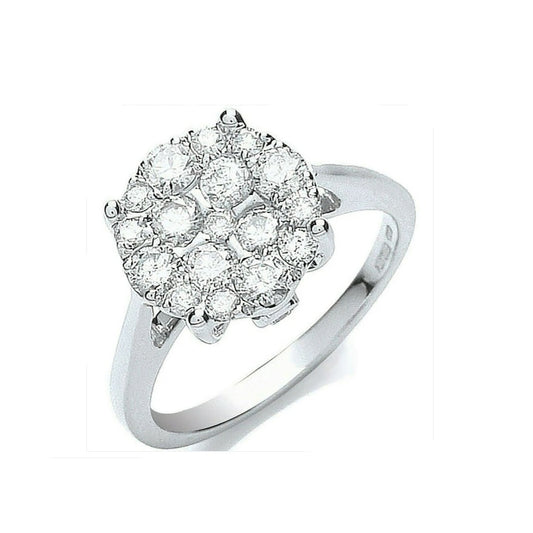 Real Diamond Ring 18ct White Gold Cluster Engagement 1.00 Carat Weight Diamonds