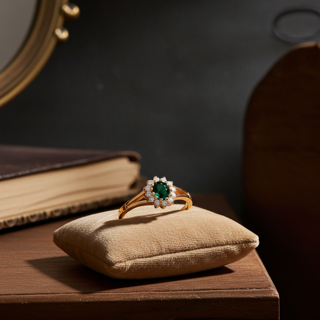 18ct Gold Emerald Cluster Ring displayed on a velvet cushion beside a book