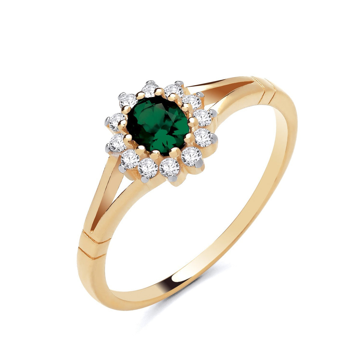 18ct Gold Emerald Cluster Ring featuring a central emerald surrounded by sparkling diamonds
