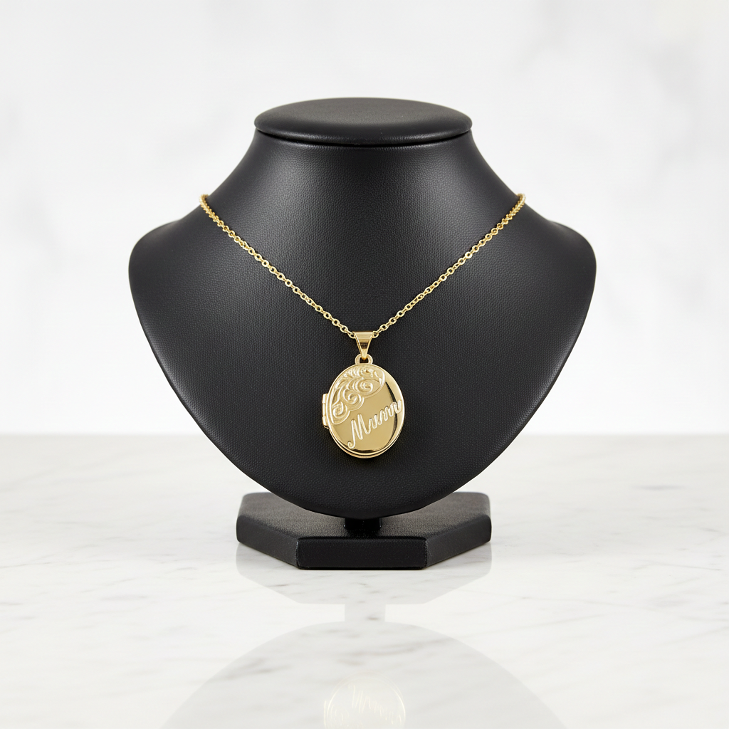 Elegant 18ct Gold Mum Oval Locket Necklace displayed on a black bust for a stunning presentation