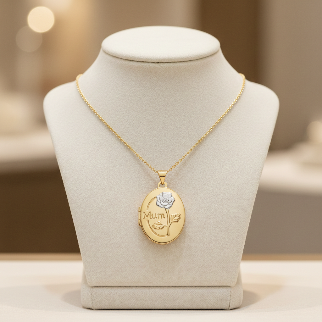 J R Jewellery 18ct Gold Mum Oval Locket Necklace displayed on a jewellery stand