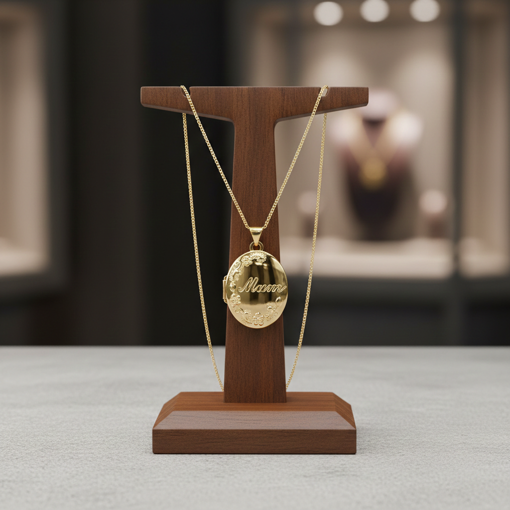 Elegant 18ct Gold Mum Oval Locket on a display stand, perfect for special occasions