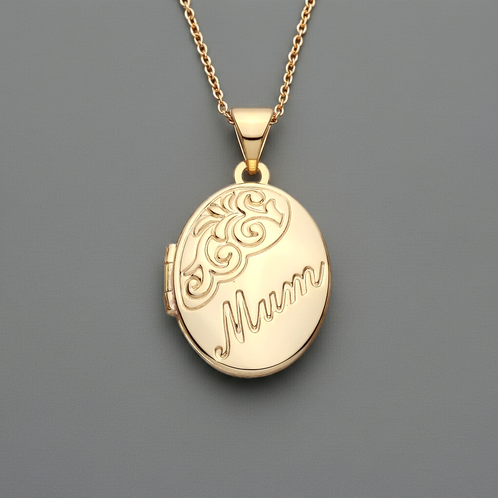 J R Jewellery 18ct Gold Mum Oval Locket on a delicate chain for a sentimental gift