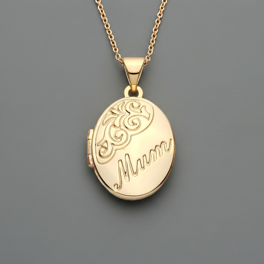 J R Jewellery 18ct Gold Mum Oval Locket on a delicate chain for a sentimental gift