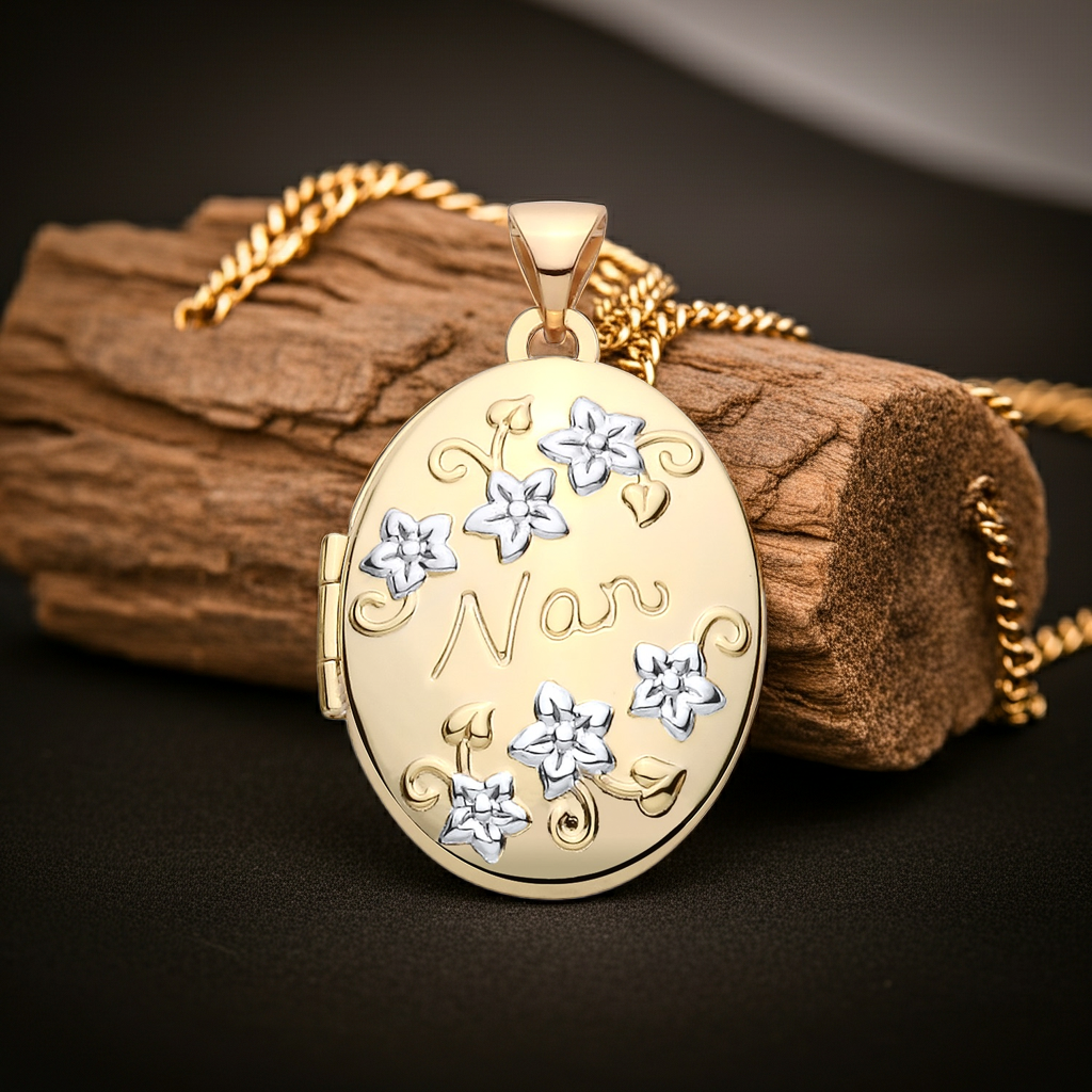 18ct Gold NAN Oval Locket with Floral Engravings on a Silver Necklace by J R Jewellery
