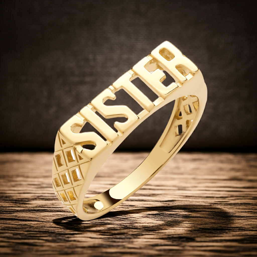 18ct Gold SISTER Ring with a bold design, perfect for celebrating sisterhood and special bonds