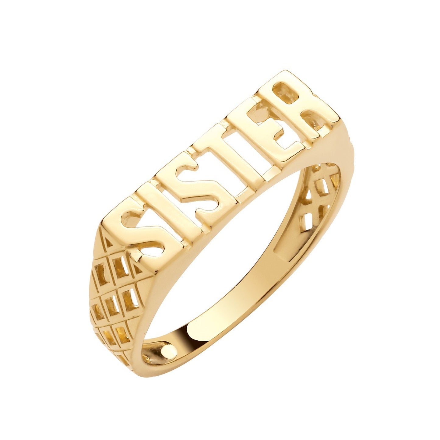 18ct Gold SISTER Ring with Bold Text Design for Celebrating Sisterhood