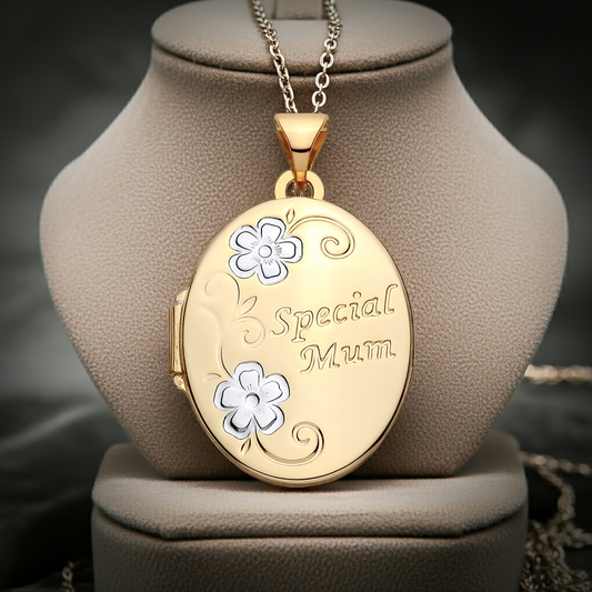 18ct Gold Special Mum Oval Locket on a silver necklace, featuring intricate floral designs