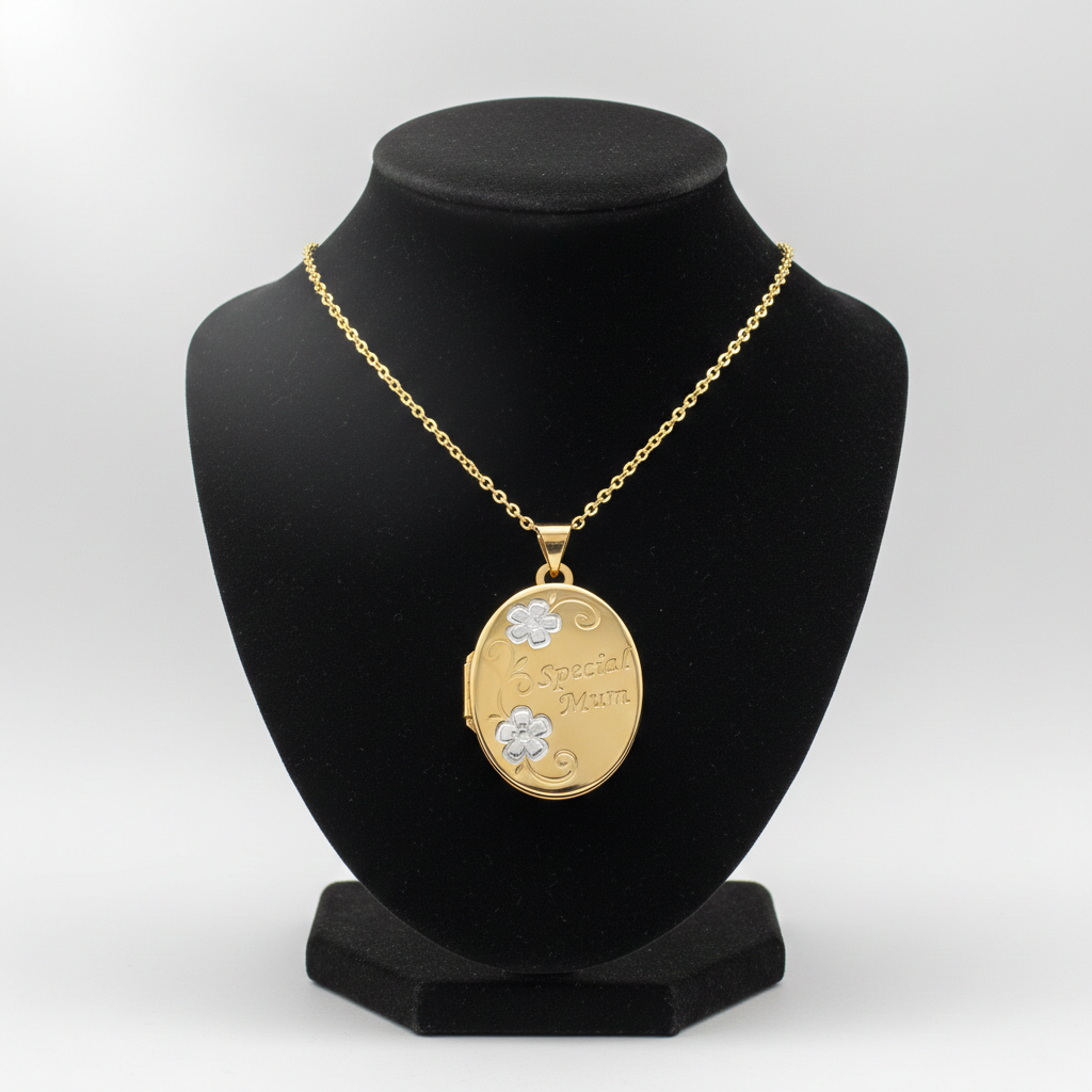 J R Jewellery 18ct Gold Special Mum Oval Locket Necklace on a display stand