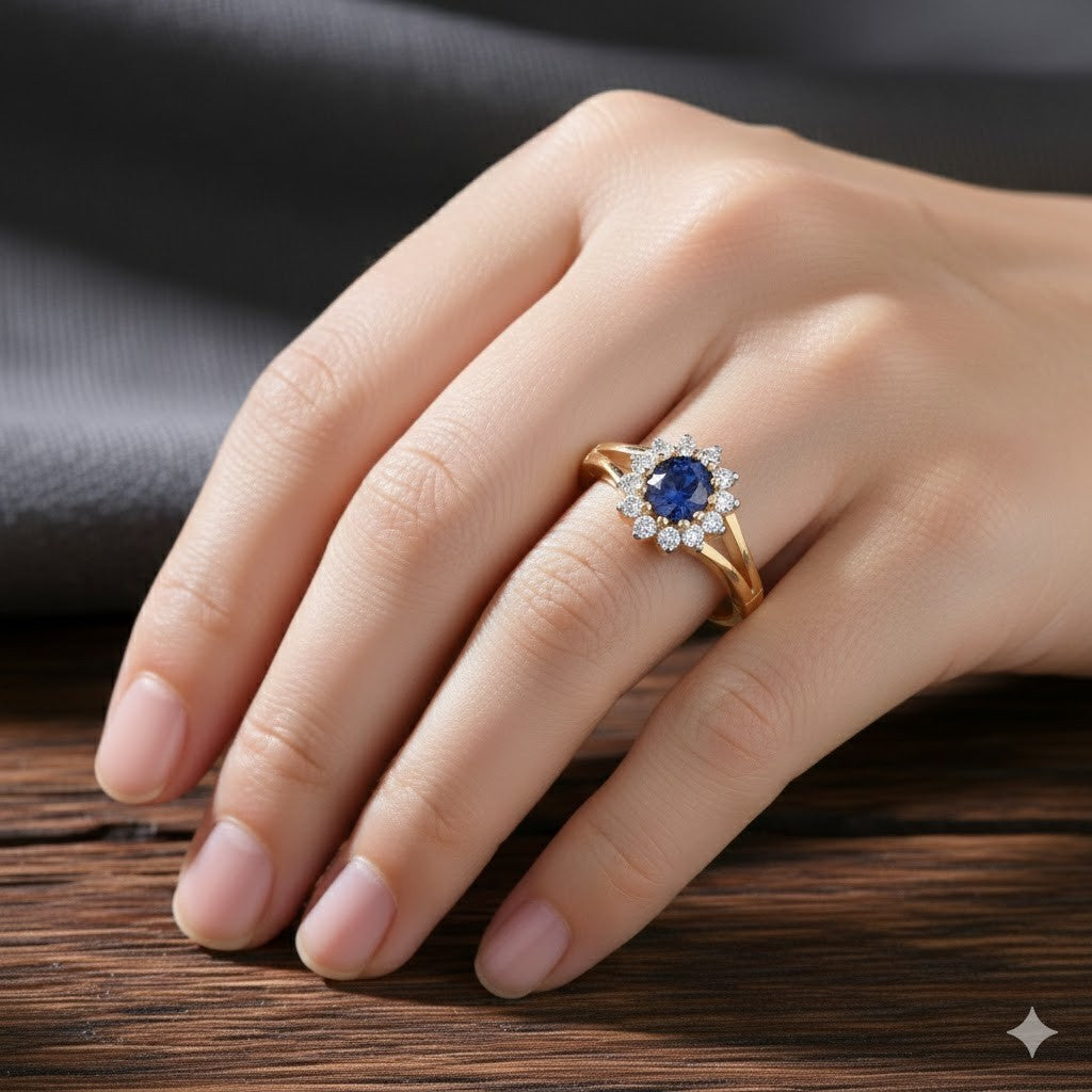 18ct Gold Tanzanite Cluster Ring set on a hand, showcasing a stunning design and elegant craftsmanship