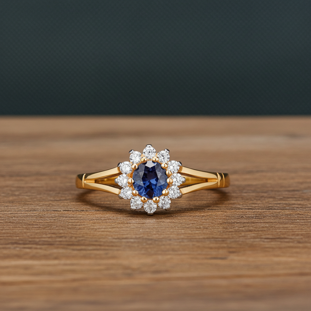 18ct Gold Tanzanite Cluster Ring featuring a central oval tanzanite surrounded by sparkling diamonds