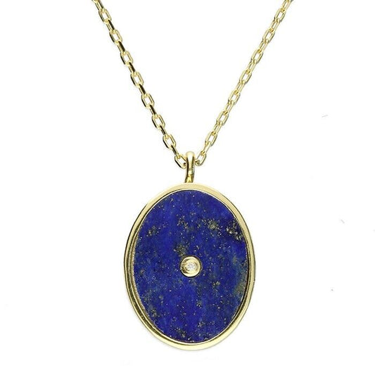 18ct yellow gold lapis lazuli locket with a central diamond on a delicate chain
