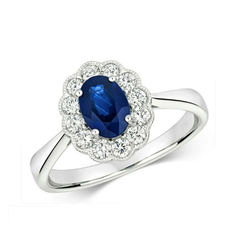 Real Sapphire and Diamond Ring 18ct White Gold Oval Flower Cluster