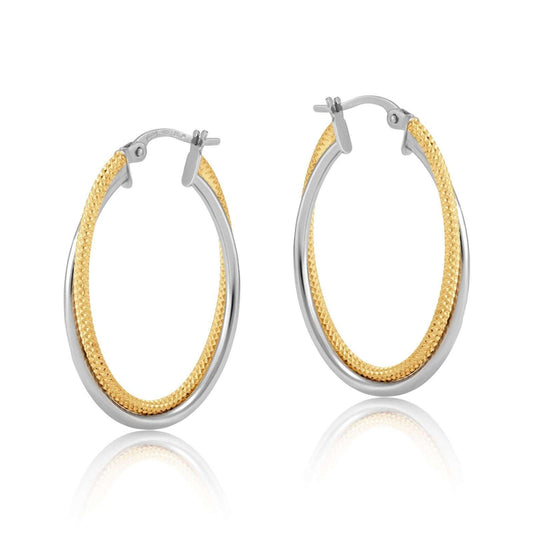 Two Colour Gold Oval Double Hoop Earrings Hallmarked Textured Hoops