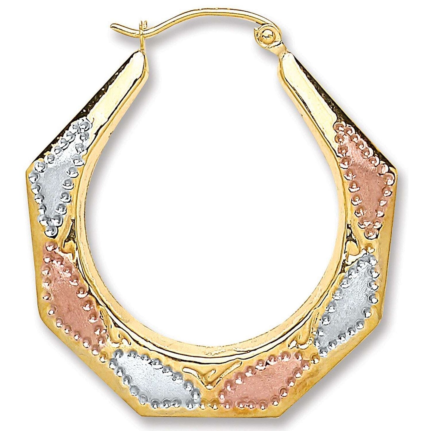 Three Colour Gold Octagonal Hoop Earrings 28mm Hallmarked Hoops