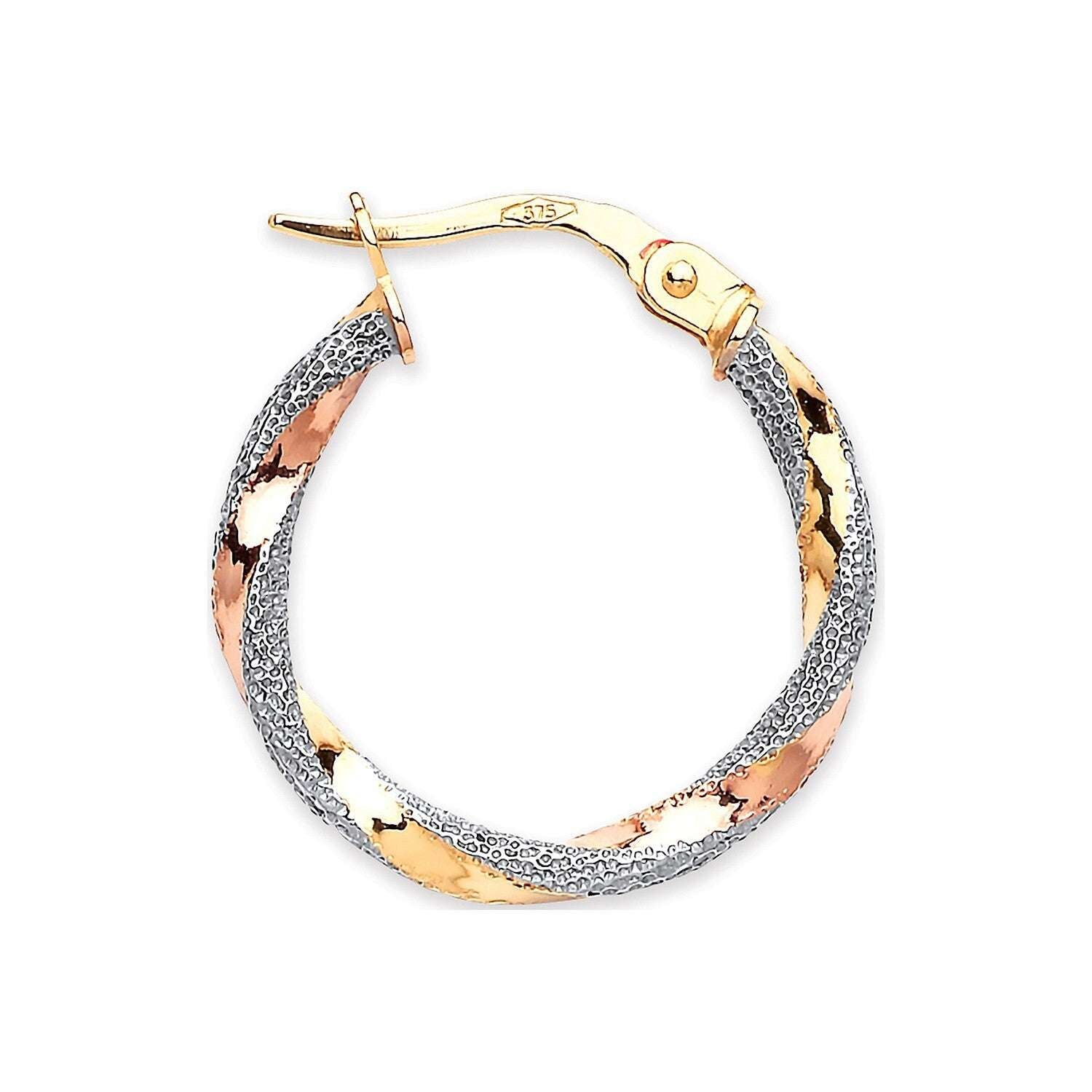 Three Colour Gold Hoop Earrings 20mm Glitter Effect Hallmarked Hoops