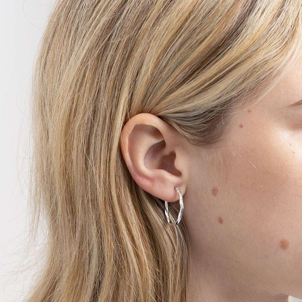 White Gold Oval Hoop Earrings Faceted Polished Hoops Hallmarked