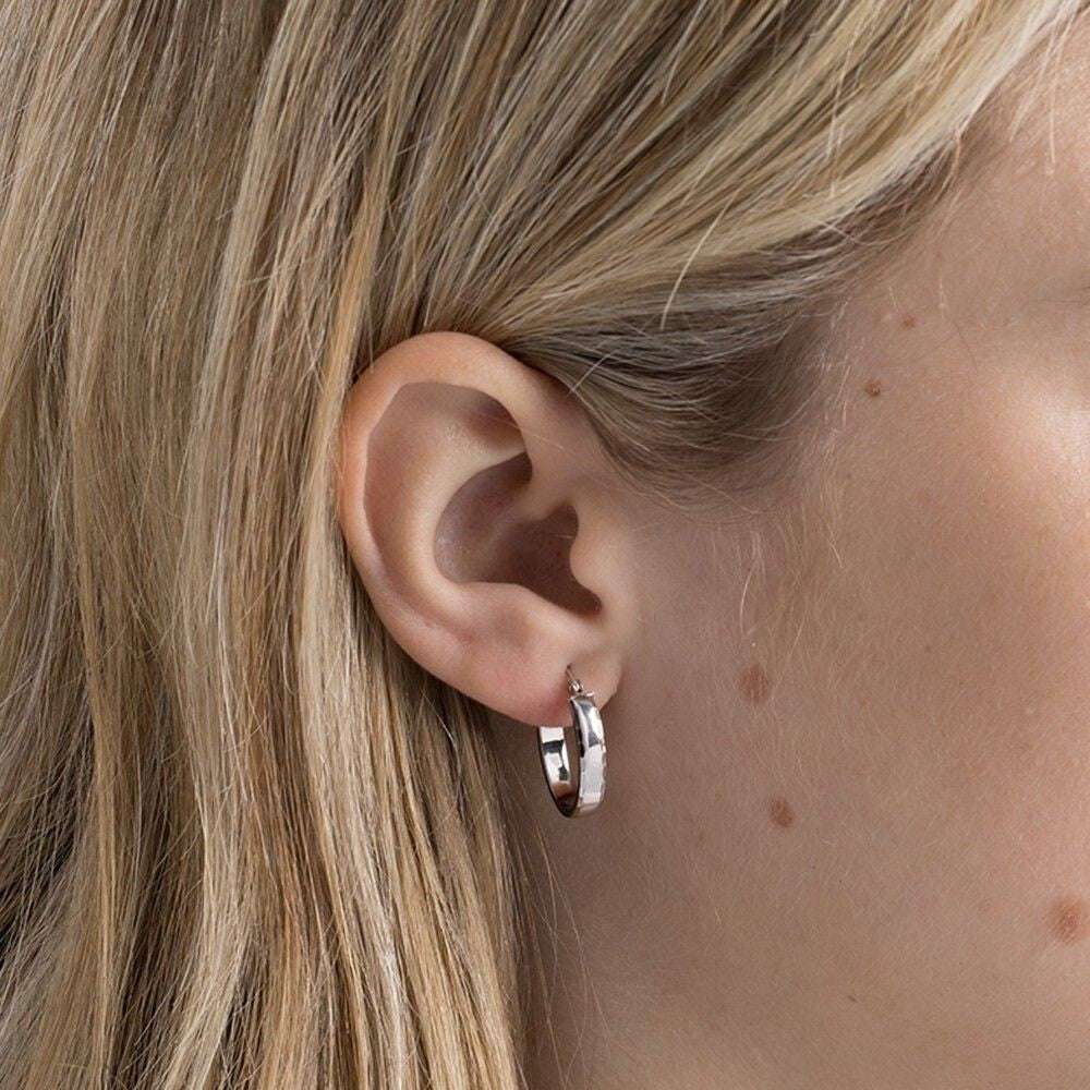 White Gold Oval Hoop Earrings 20mm Diamond Cut Hoops Hallmarked