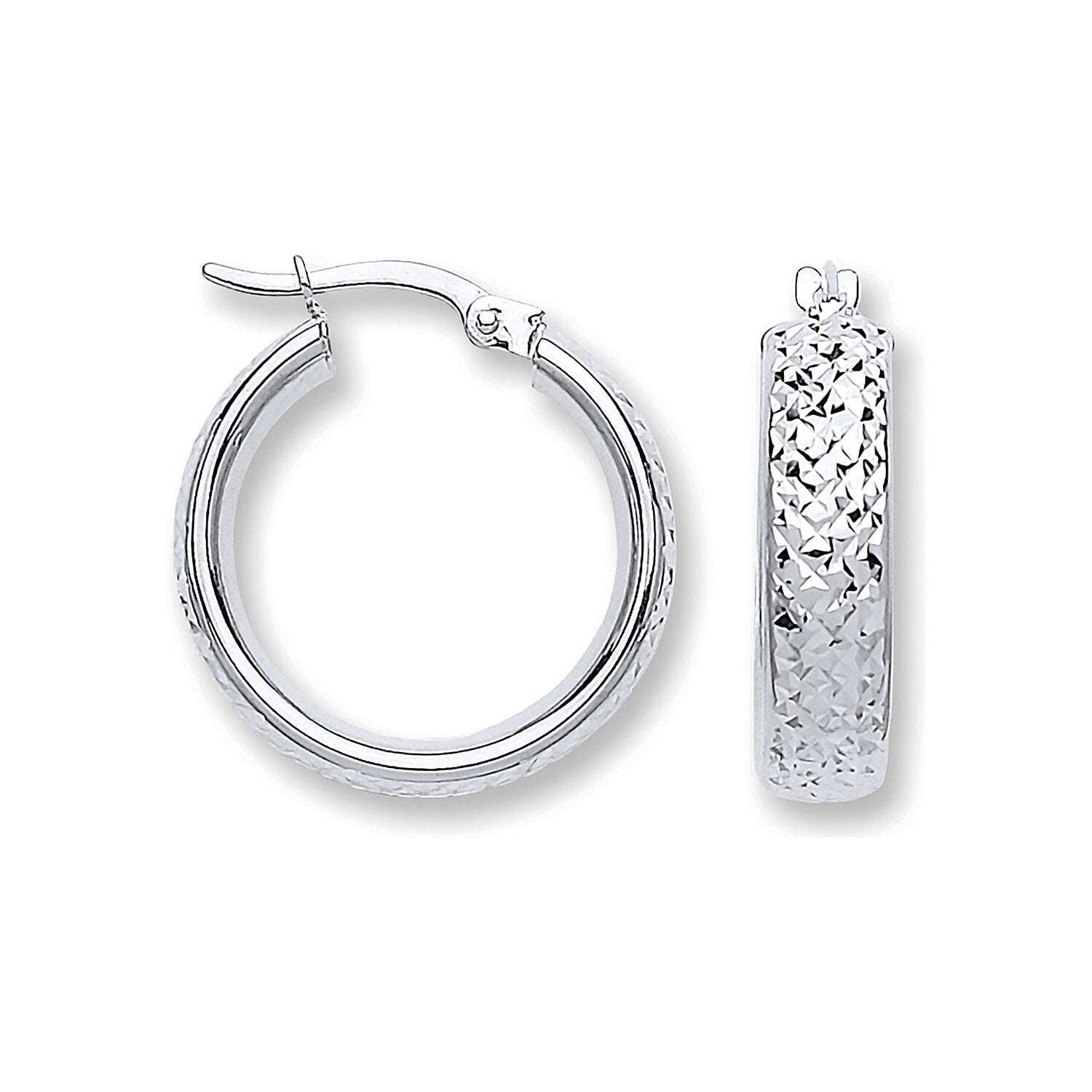 Tyre Tread Hoop Earrings 20mm 9ct White Gold D-Shape Creole Hoops Hallmarked