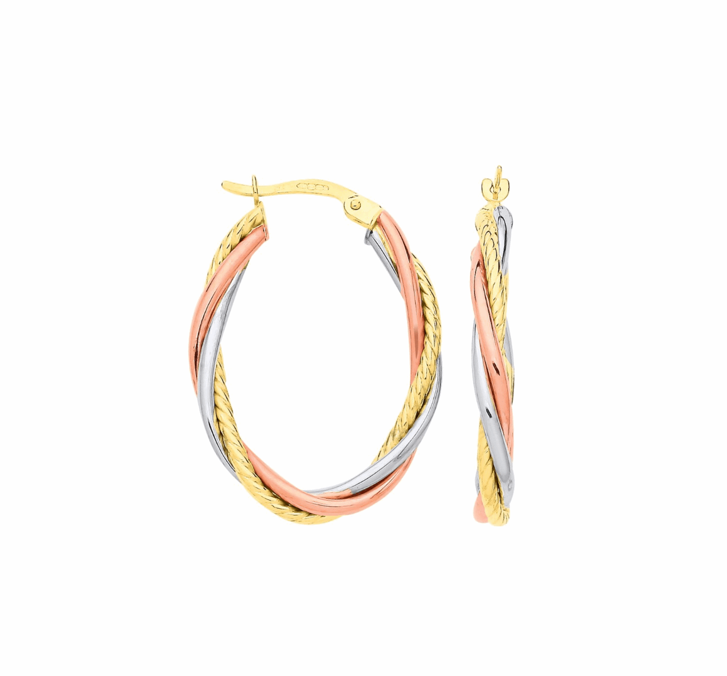 Russian Wedding Oval Hoop Earrings 9ct three Colour Gold Hallmarked 30 x 21mm