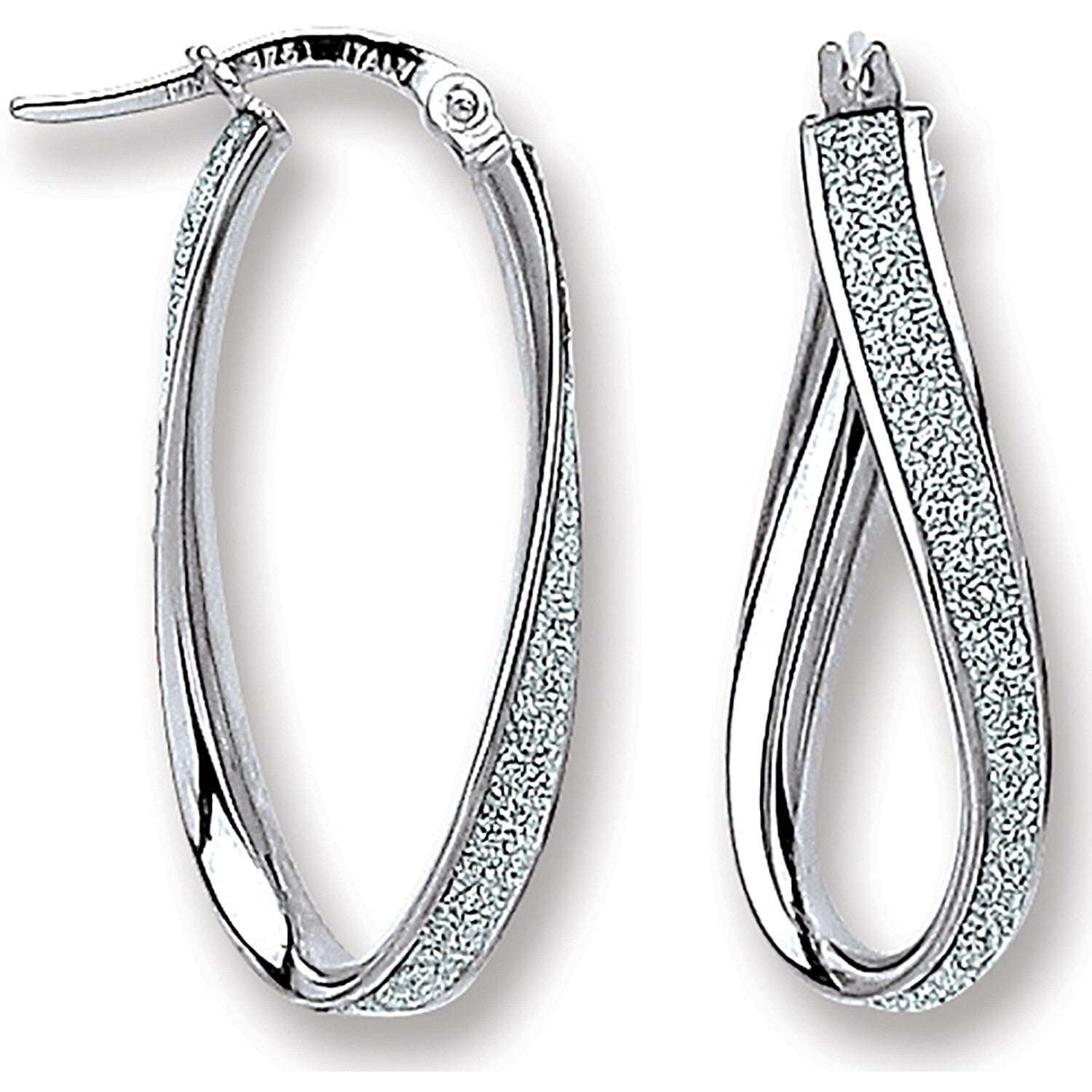 White Gold Oval Hoop Earrings Glitter Moondust Twist Hoops Hallmarked 30mm
