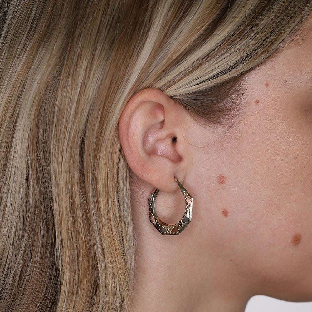 Three Colour Gold Octagonal Hoop Earrings 28mm Hallmarked Hoops