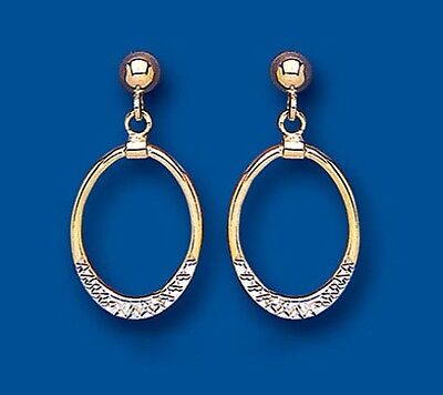 Open Oval Drop Earrings 9ct Yellow and White Two Colour Gold Drops Hallmarked