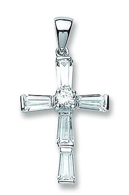 Silver Baguette Gemstone Cross Pendant Necklace 925 hallmark 35 x 25mm