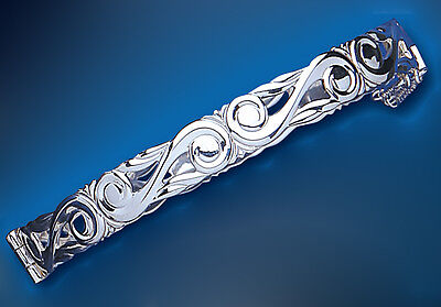 Solid Silver Bangle Scroll Design Hinged Safety Chain Bracelet hallmarked