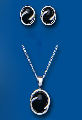 Onyx Pendant and Earrings Set Solid Silver Oval Design