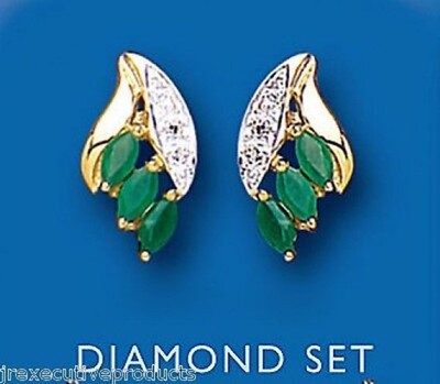 Emerald and Diamond Earrings Marquise Studs 9ct Yellow Gold